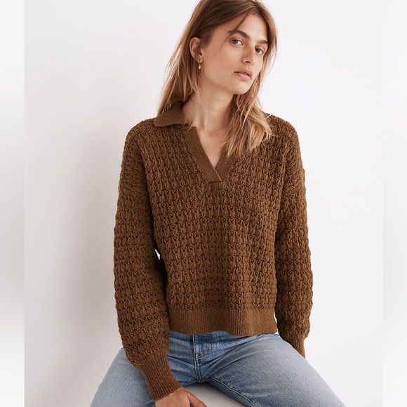 Madewell Sweaters - Madewell Green Brown Sunbury Open-Stitch Polo Sweater Size Medium